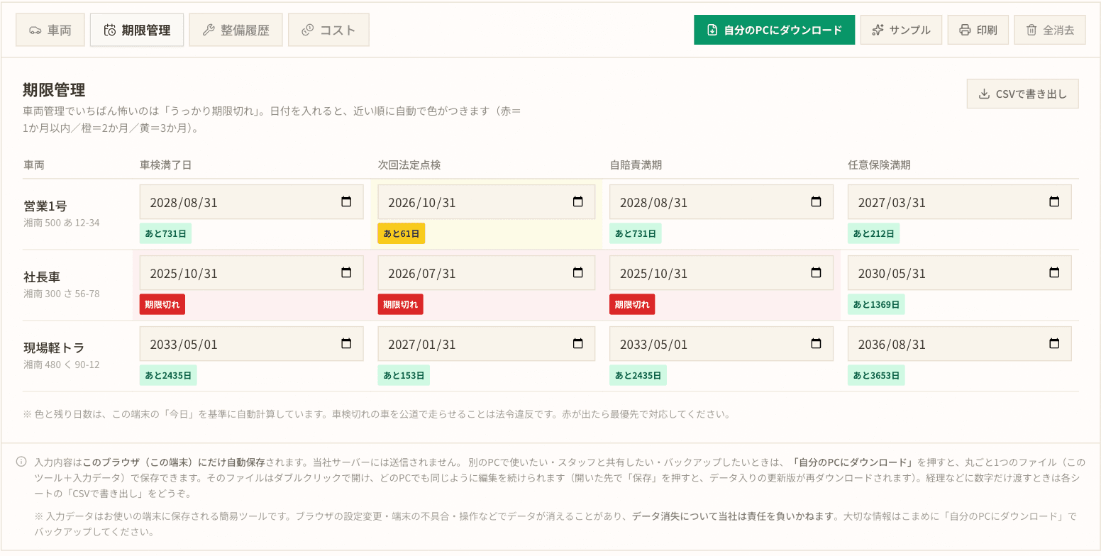 車両管理表テンプレートの期限管理画面。車検・点検・自賠責・任意保険の期限が車両ごとに並び、期限切れは赤、近い期限は黄色で表示される