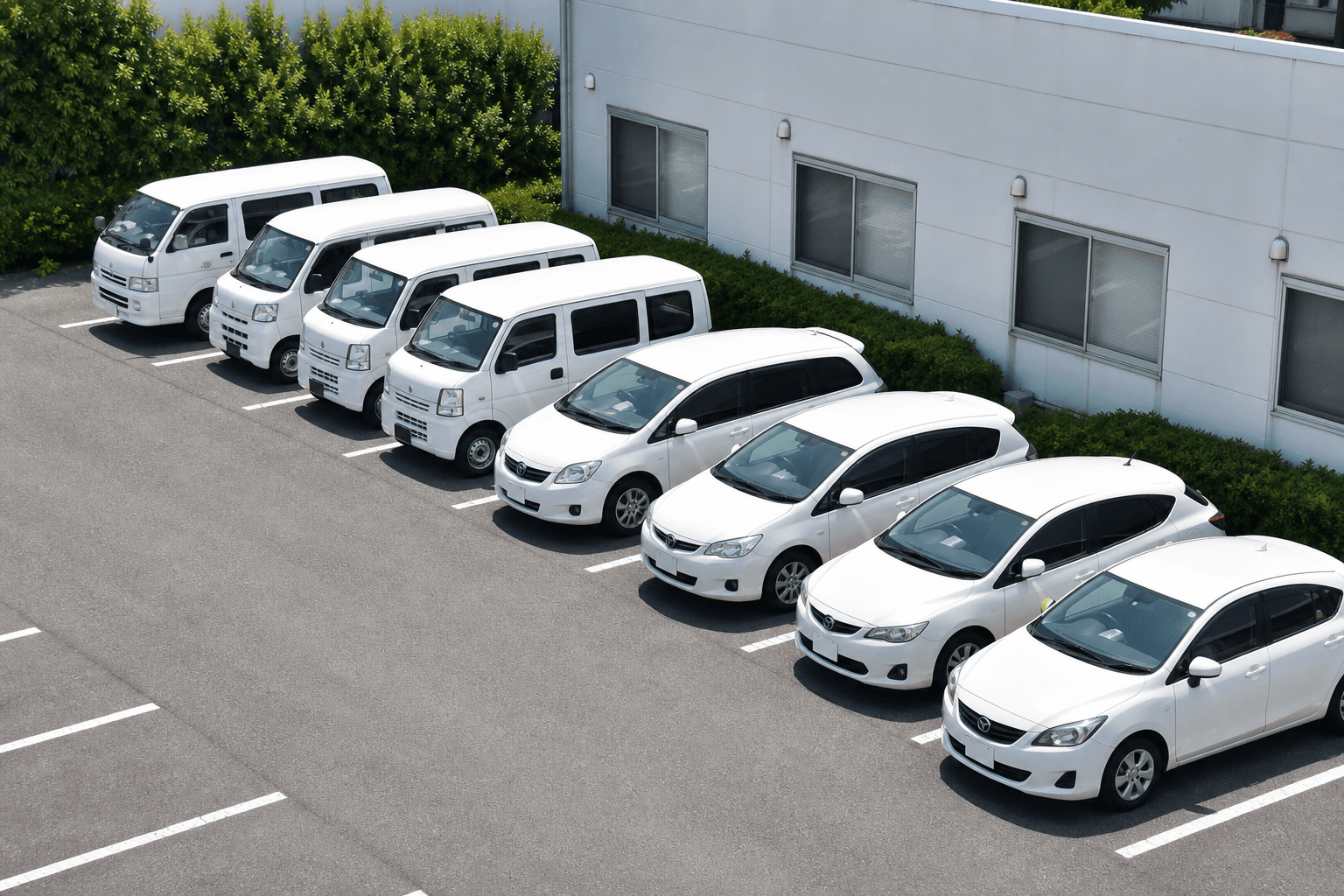 会社の駐車場に整然と並んだ白い社用車のバンとセダン