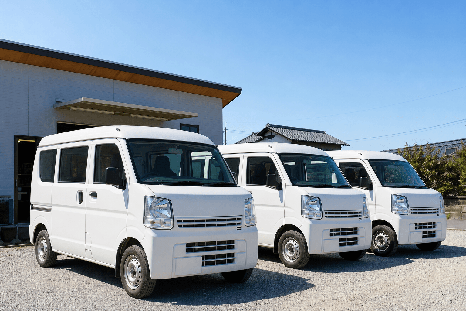 小さな会社の駐車場に並んだ3台の白い軽バン