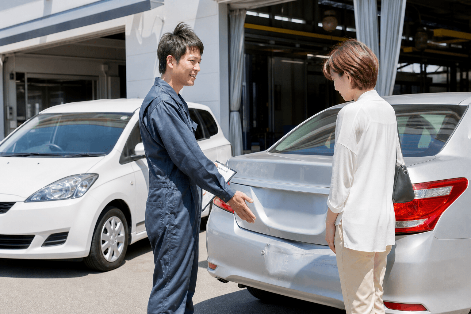 整備工場の前で、後部を損傷した車と代車を前に整備士が持ち主へ説明している場面