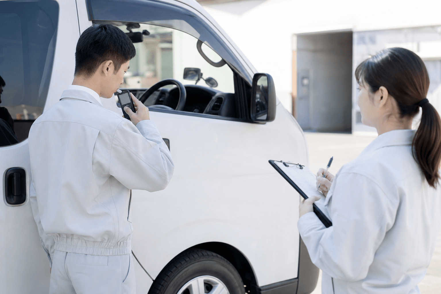 朝の営業所の駐車場で、白い社用車の横に立つ従業員がハンディタイプのアルコール検知器を手にし、担当者が記録用のクリップボードを持って立ち会っている様子