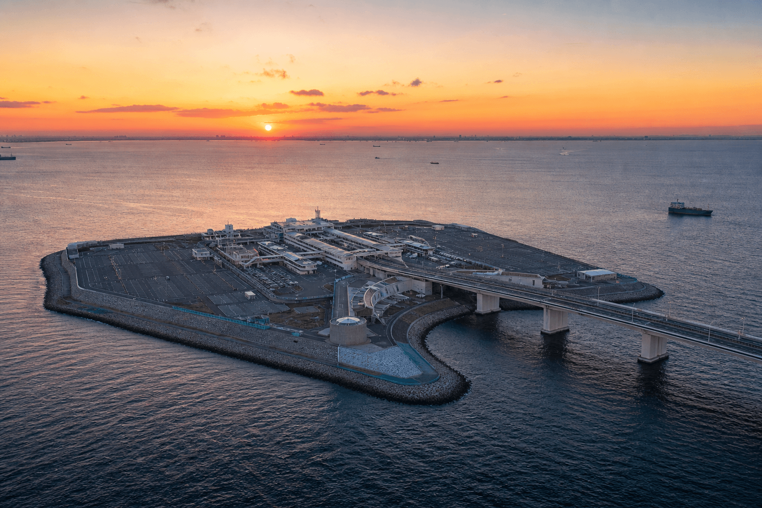Umihotaru parking area on an artificial island in the middle of Tokyo Bay at dusk, with the Aqua-Line bridge running out to sea