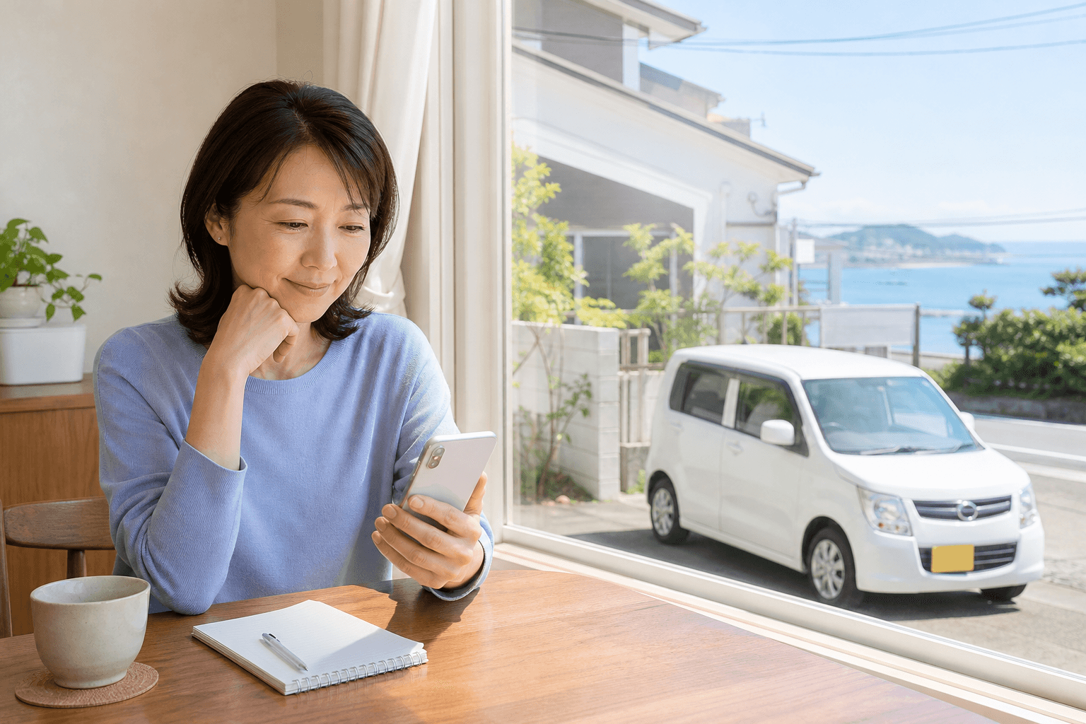 自宅の窓際でスマートフォンの保険契約を確認している女性と、外に停まる白い軽自動車