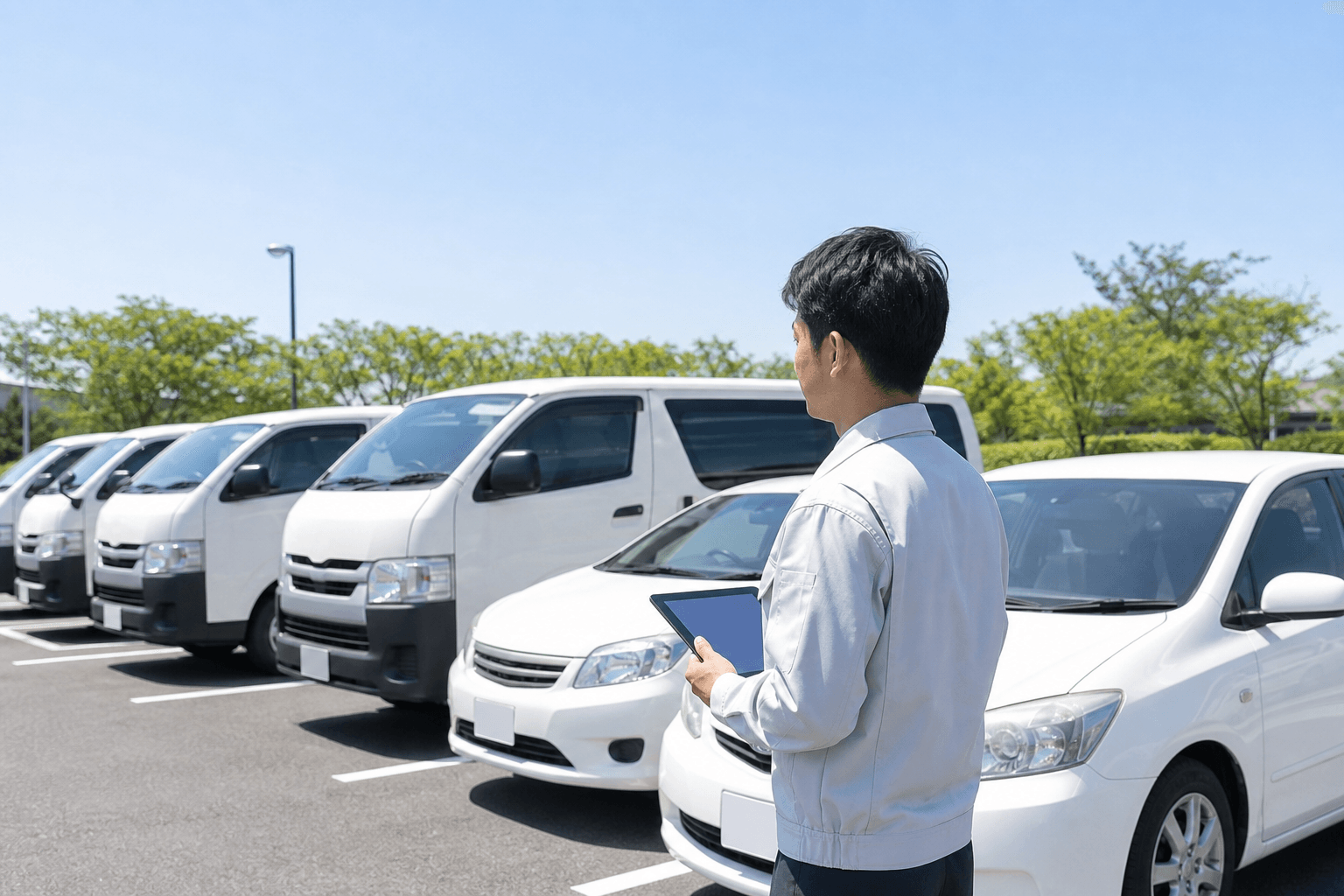 晴れた日の駐車場で、タブレット端末を手に白い社用車の列を確認する作業服の担当者