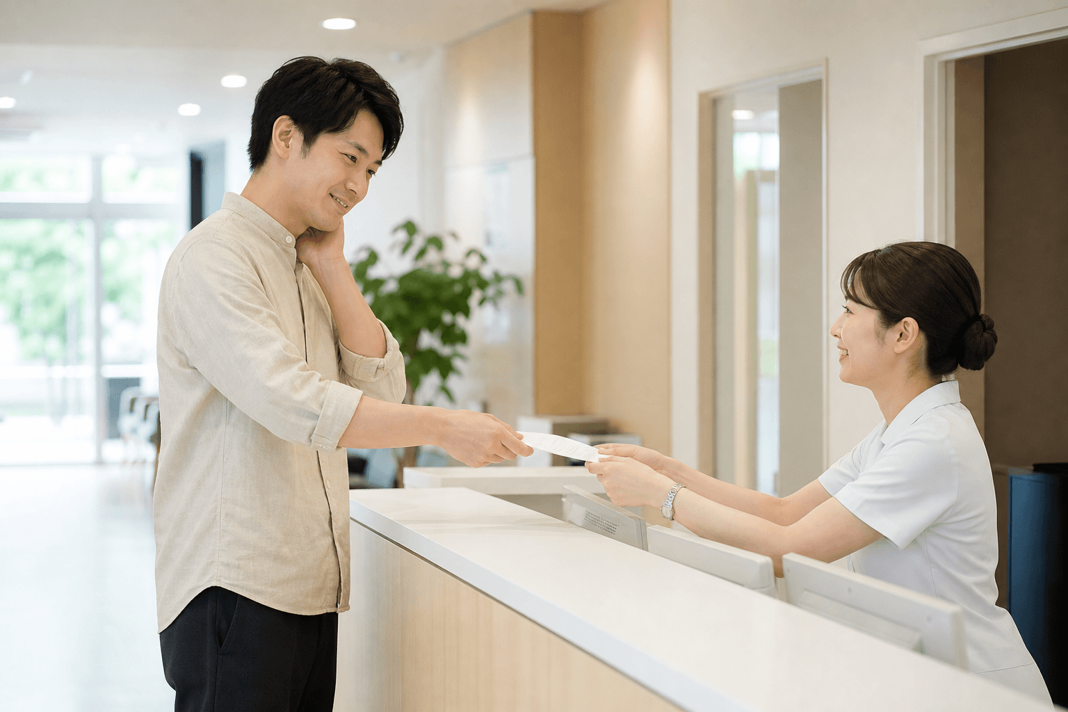 明るい病院の受付で、首元に軽く手を当てた男性が受付スタッフに書類を渡している様子