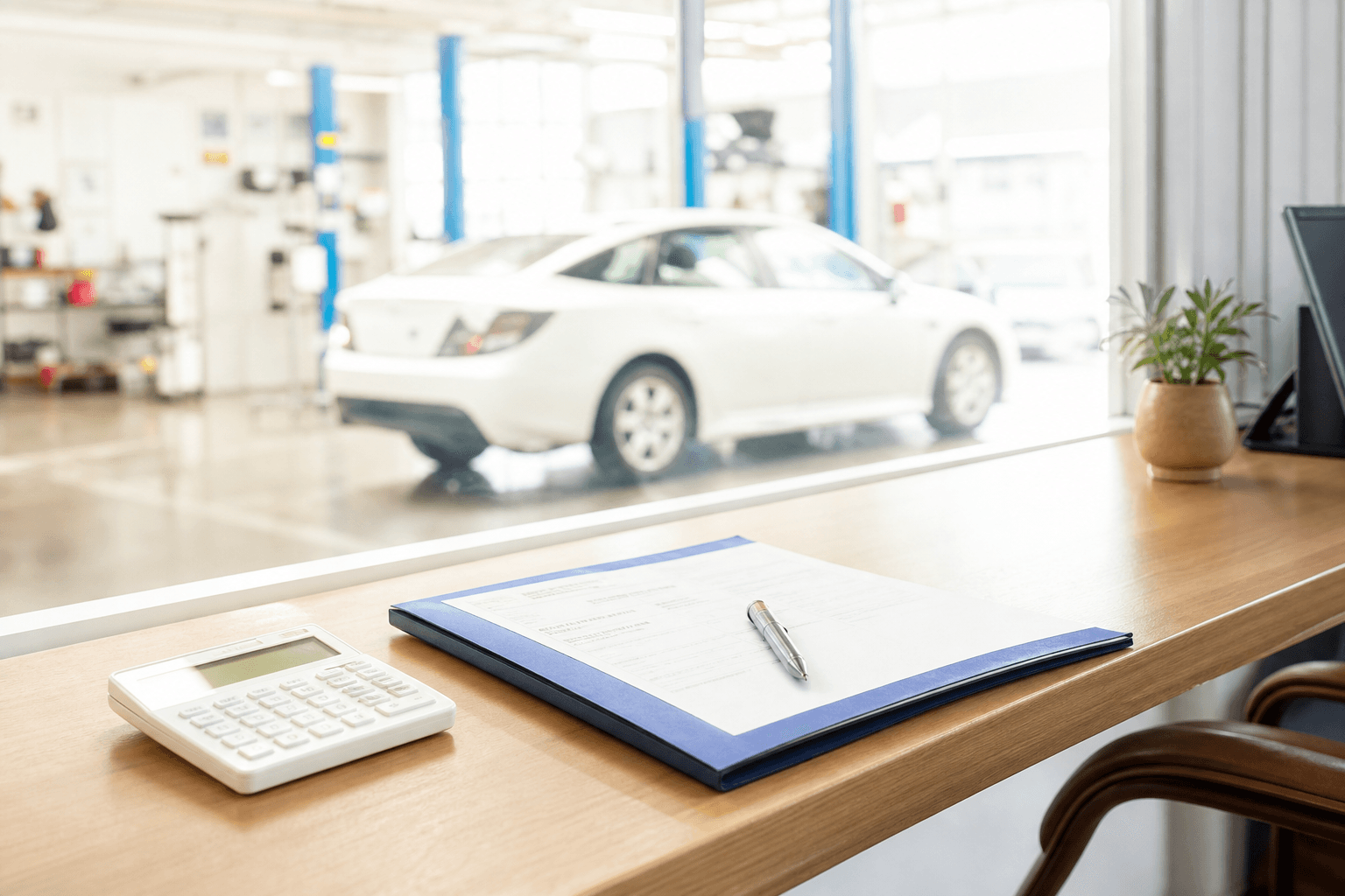 明るい整備工場の事務カウンターで、車の書類と電卓を前に説明をしているスタッフの手元