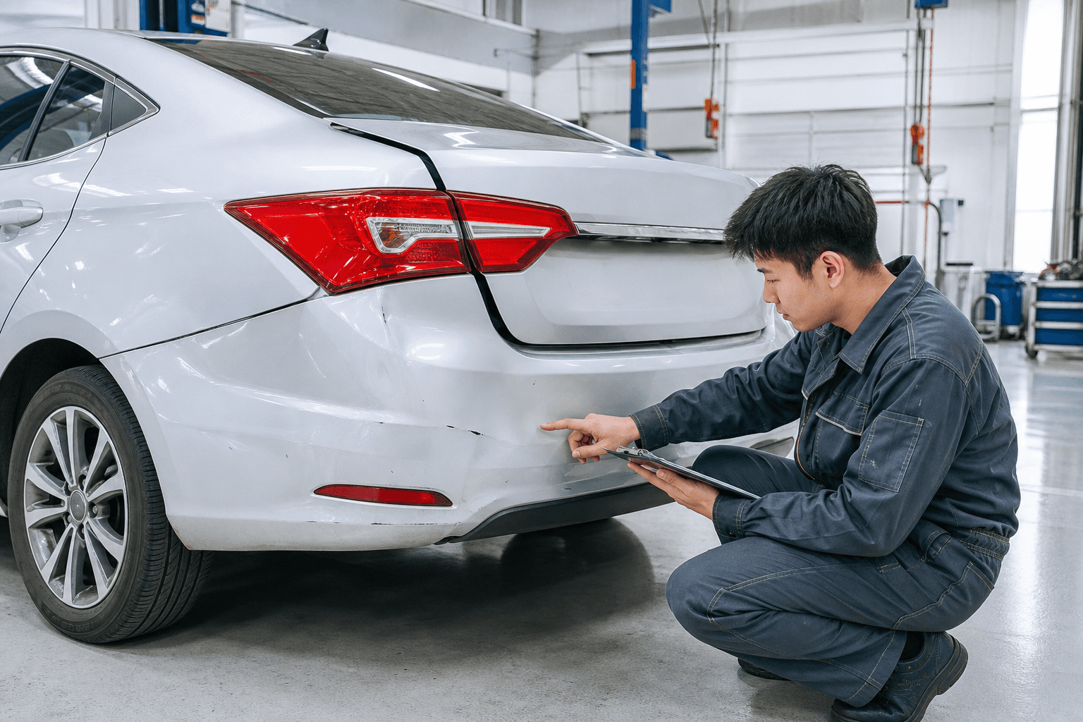 整備工場で追突によりリアバンパーが損傷した車を点検する整備士