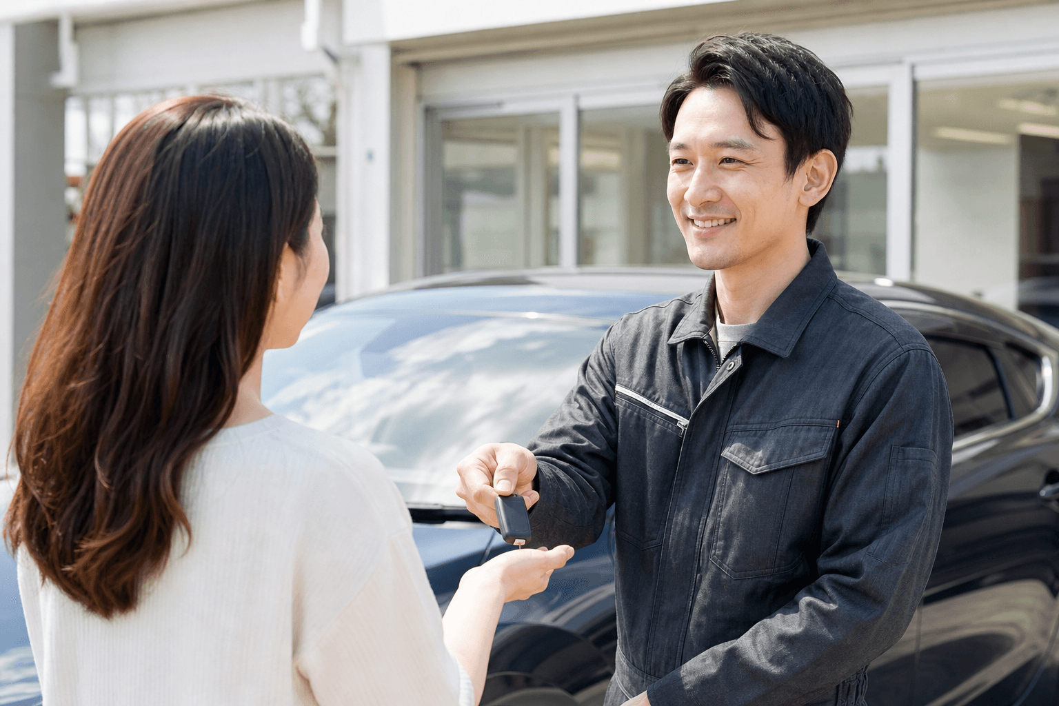 修理を終えた車の鍵を笑顔のスタッフが顧客へ手渡す場面