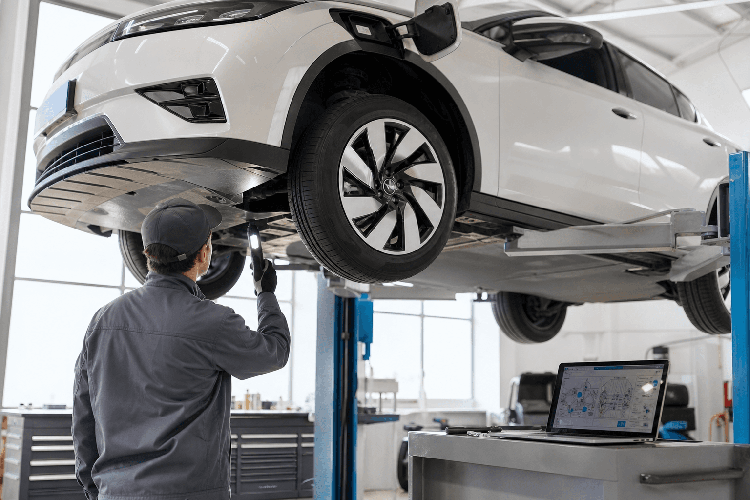 リフトに上げた電気自動車の下回りを点検する整備士と、海外の整備情報を映したノートパソコン