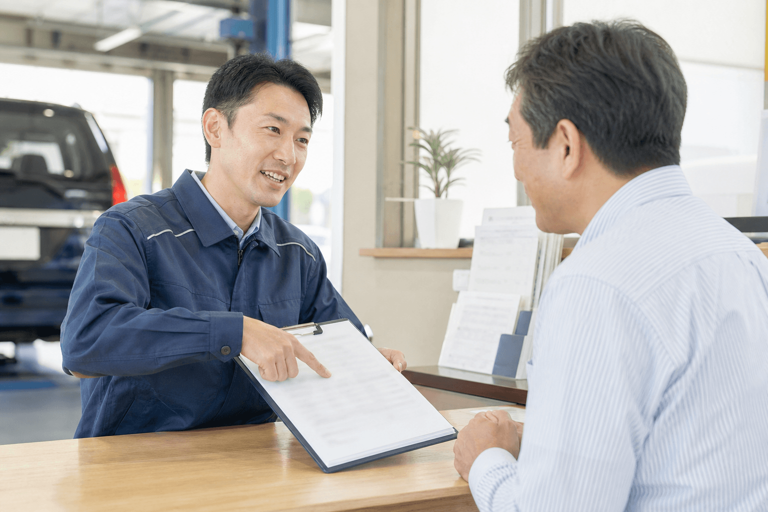 整備工場のカウンターで、整備士が見積書を指差しながら車のオーナーに内訳を説明している様子
