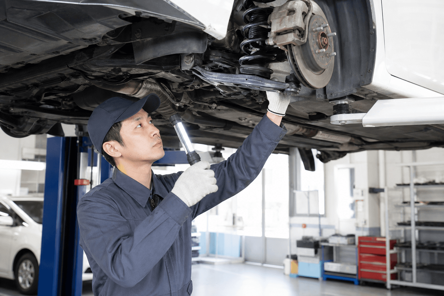 リフトアップした車の下で、整備士がライトを当てて足回りやブーツ類を点検している様子