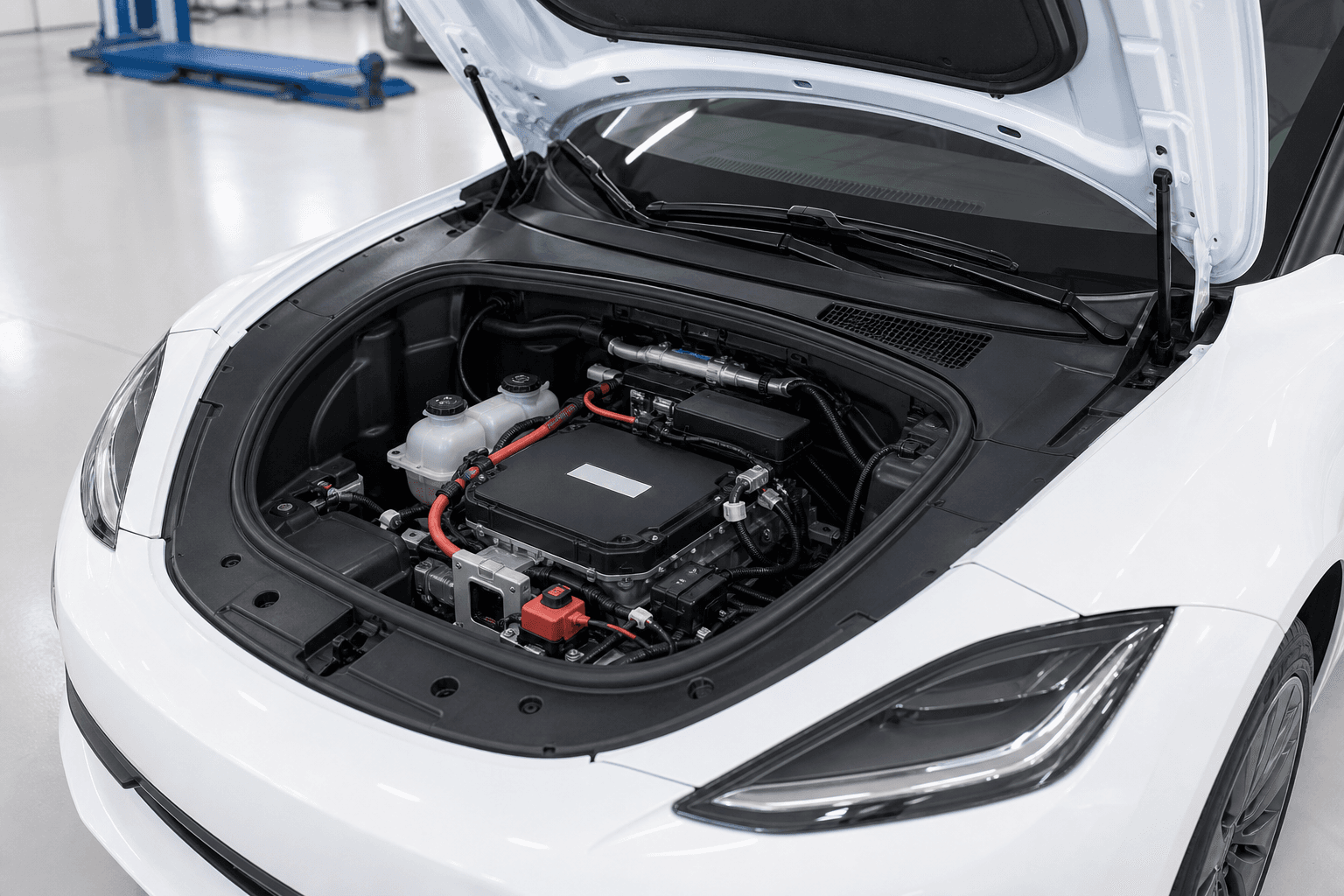 電気自動車のフロント収納部にあるリチウムイオン低電圧バッテリーと配線まわり