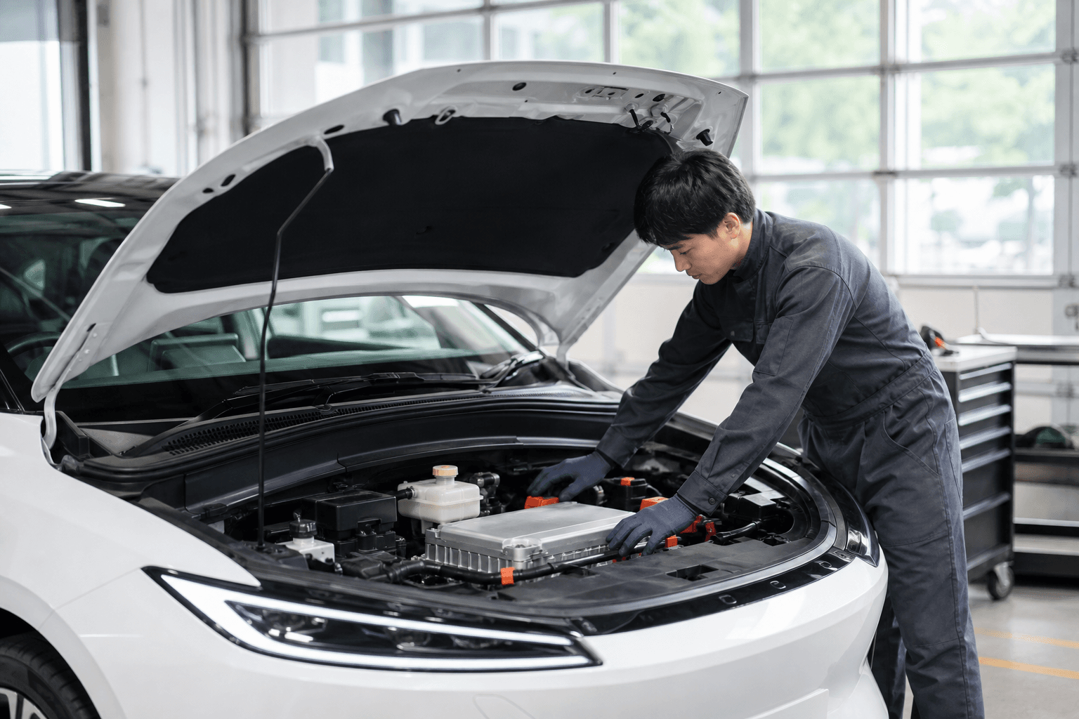 明るい整備工場で電気自動車の低電圧バッテリーまわりを点検する整備士