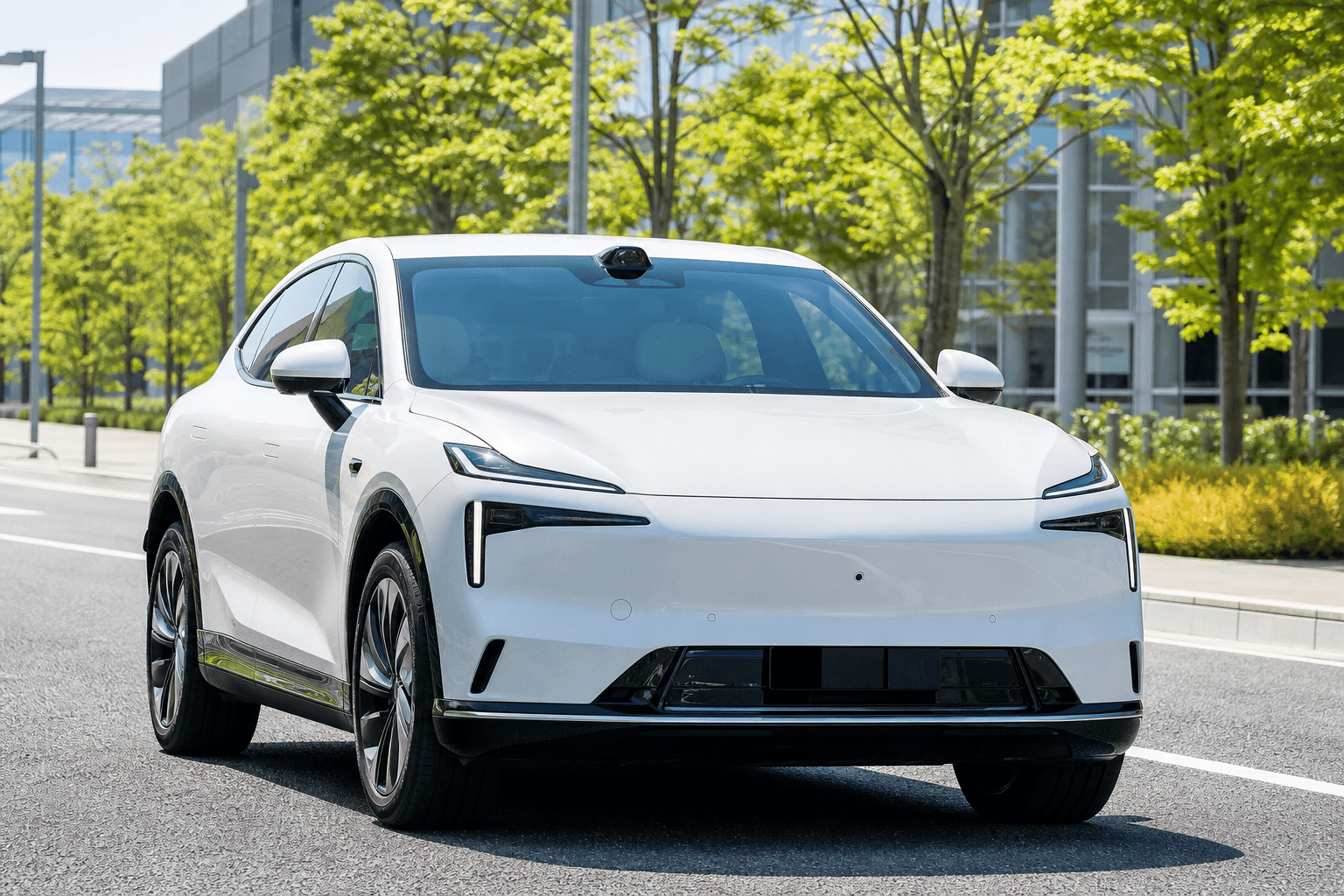 晴れた日に街並みを背景に佇む白い近未来的な電気自動車SUV