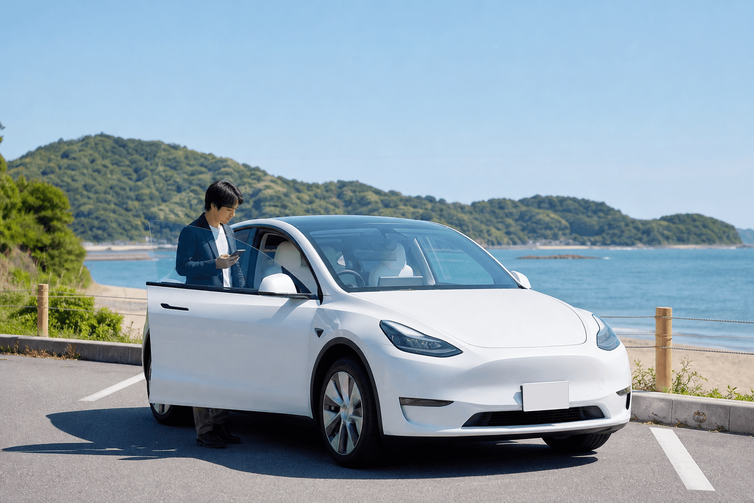 海沿いの駐車場に停めた白いテスラ モデルYのレンタカーに、スマートフォンを手にした男性が乗り込もうとしている様子