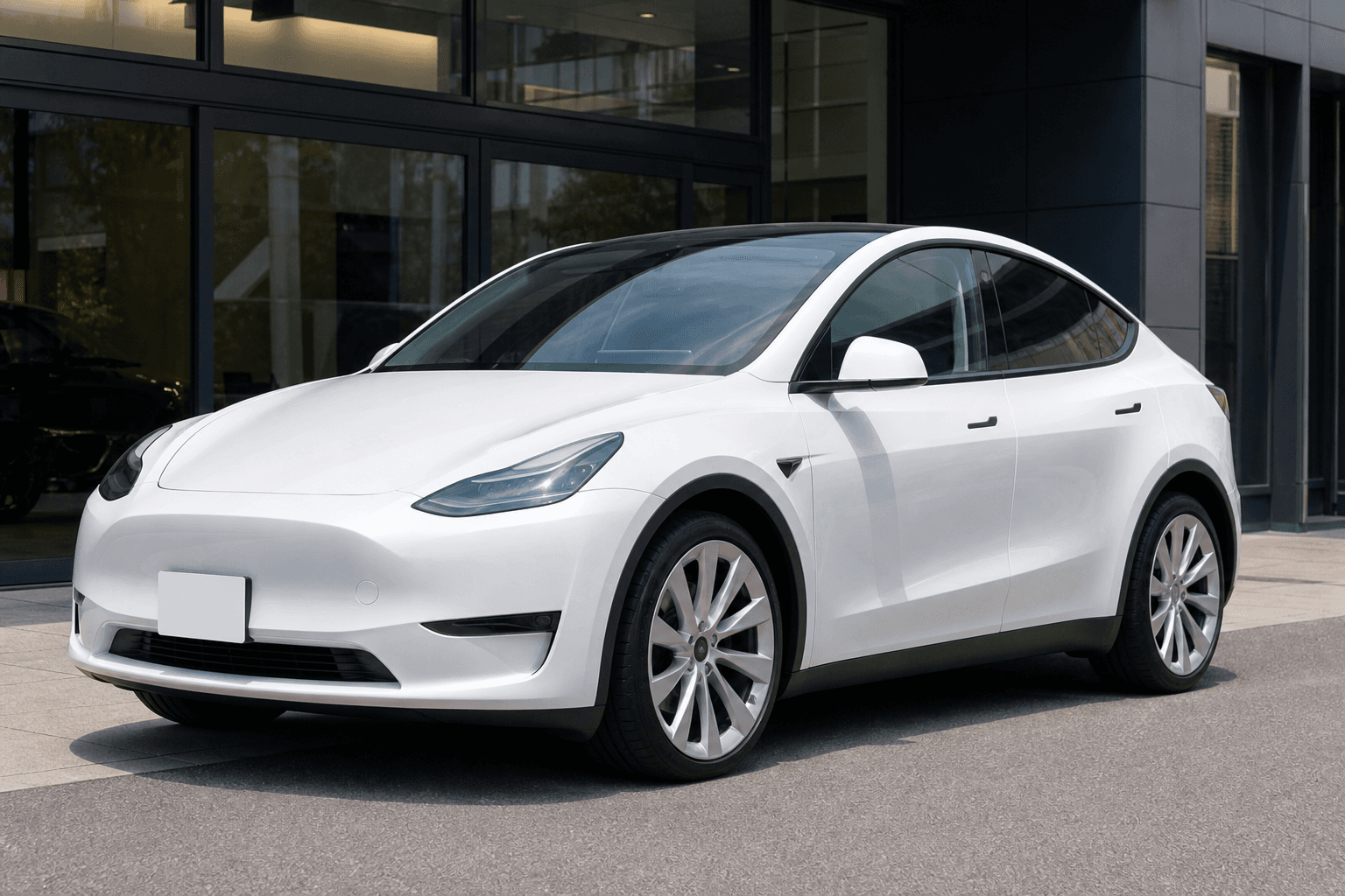 晴れた日に自動車店の前へ停まる白いテスラ風の電気SUV