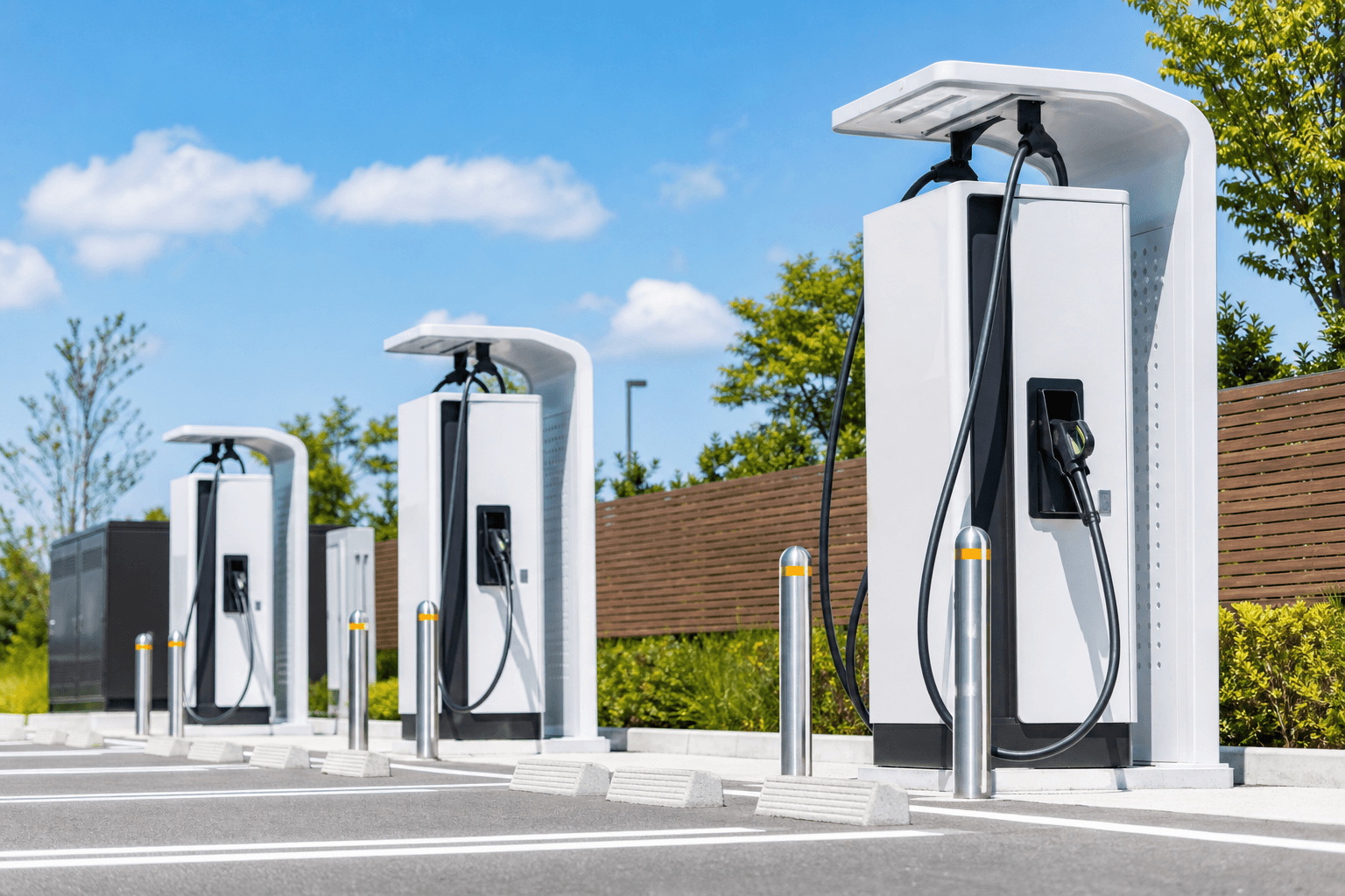 屋外の急速充電ステーションに並ぶ充電器スタンドと充電ケーブル
