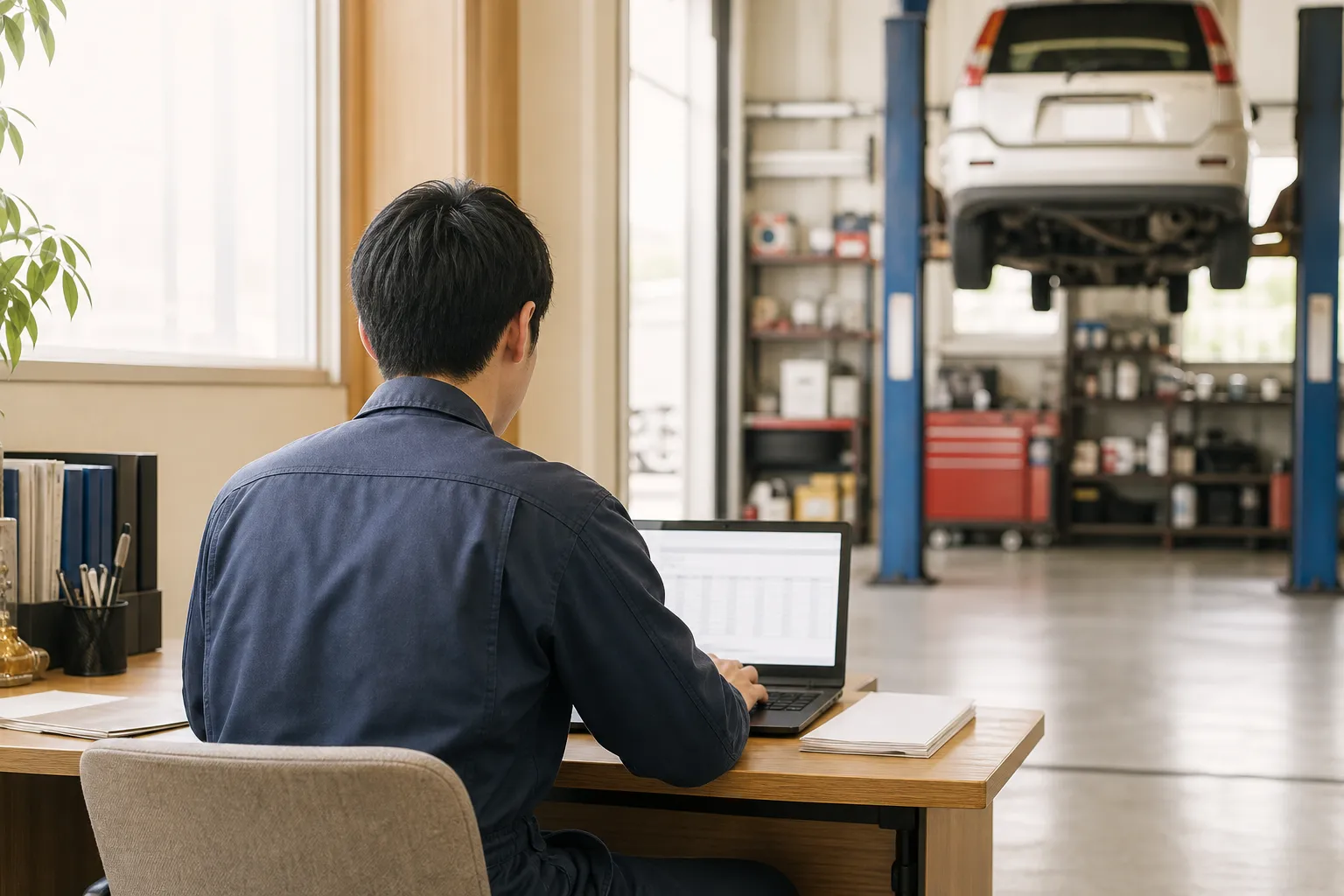 自動車整備工場の事務所で、作業着のままノートパソコンに向かう後ろ姿。奥にリフトに載った車(イメージ)