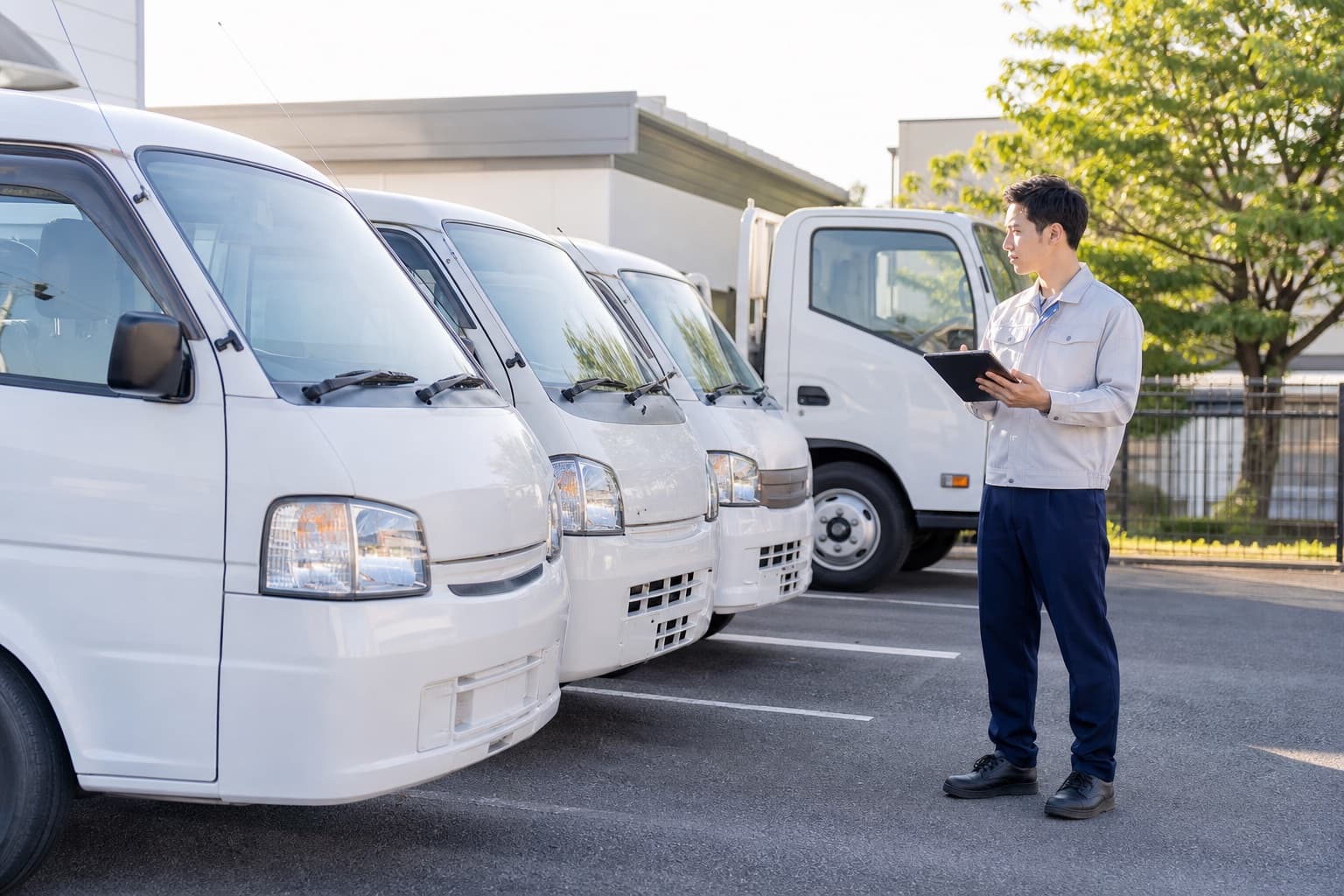 社用車が並ぶ駐車場で、タブレットを手に車両を確認する担当者