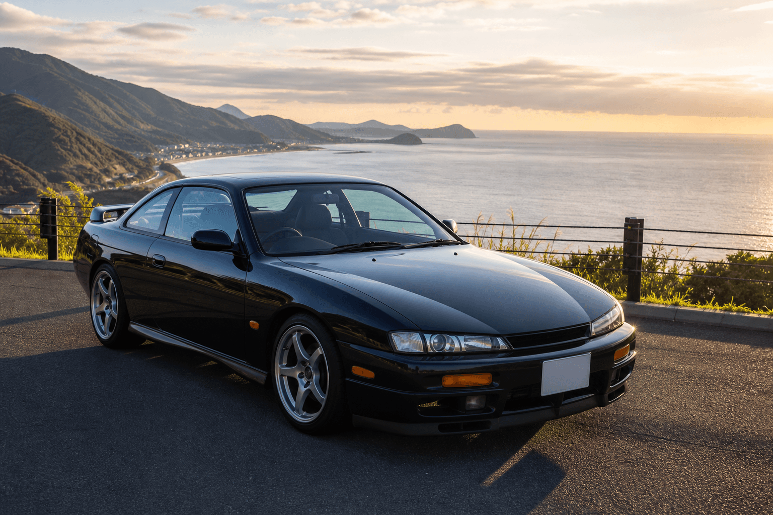 A JDM sports coupe at a scenic coastal overlook in Japan