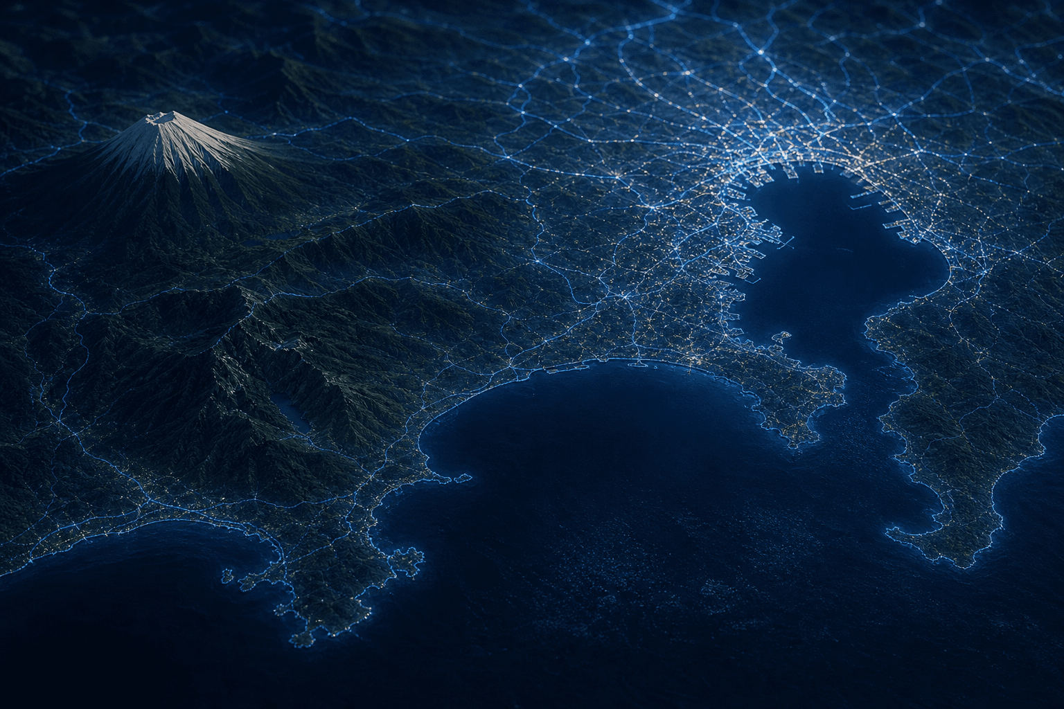Stylized night map of the Kanagawa and Tokyo Bay region showing our garage, Hakone, Mt. Fuji, the Shuto Expressway and Haneda Airport