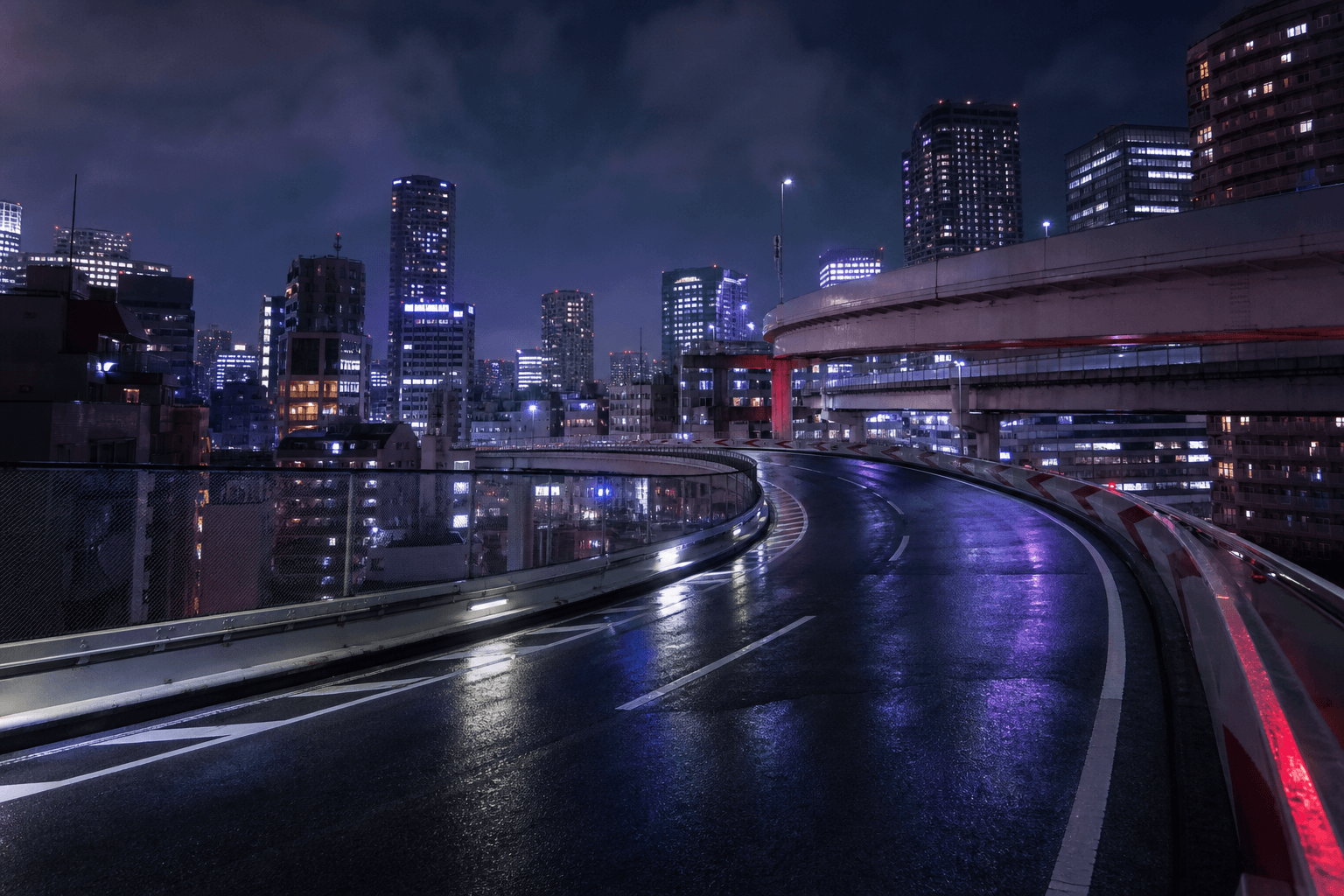 An elevated Tokyo expressway looping through a neon city skyline at night