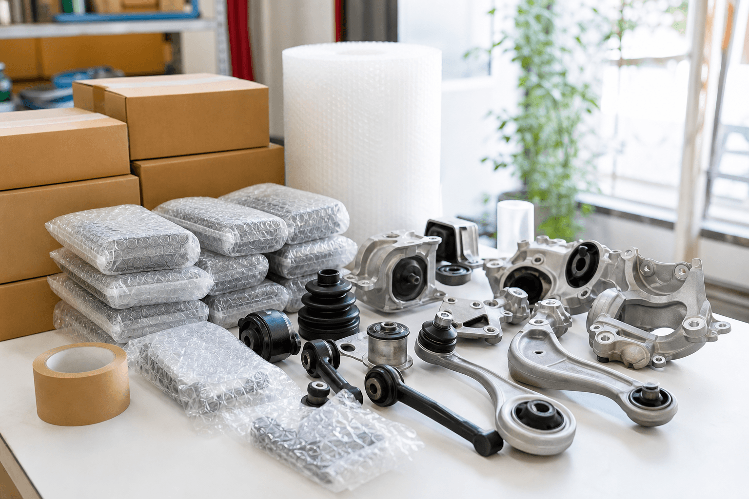 Japanese goods and car parts being packed up for export shipping at a garage