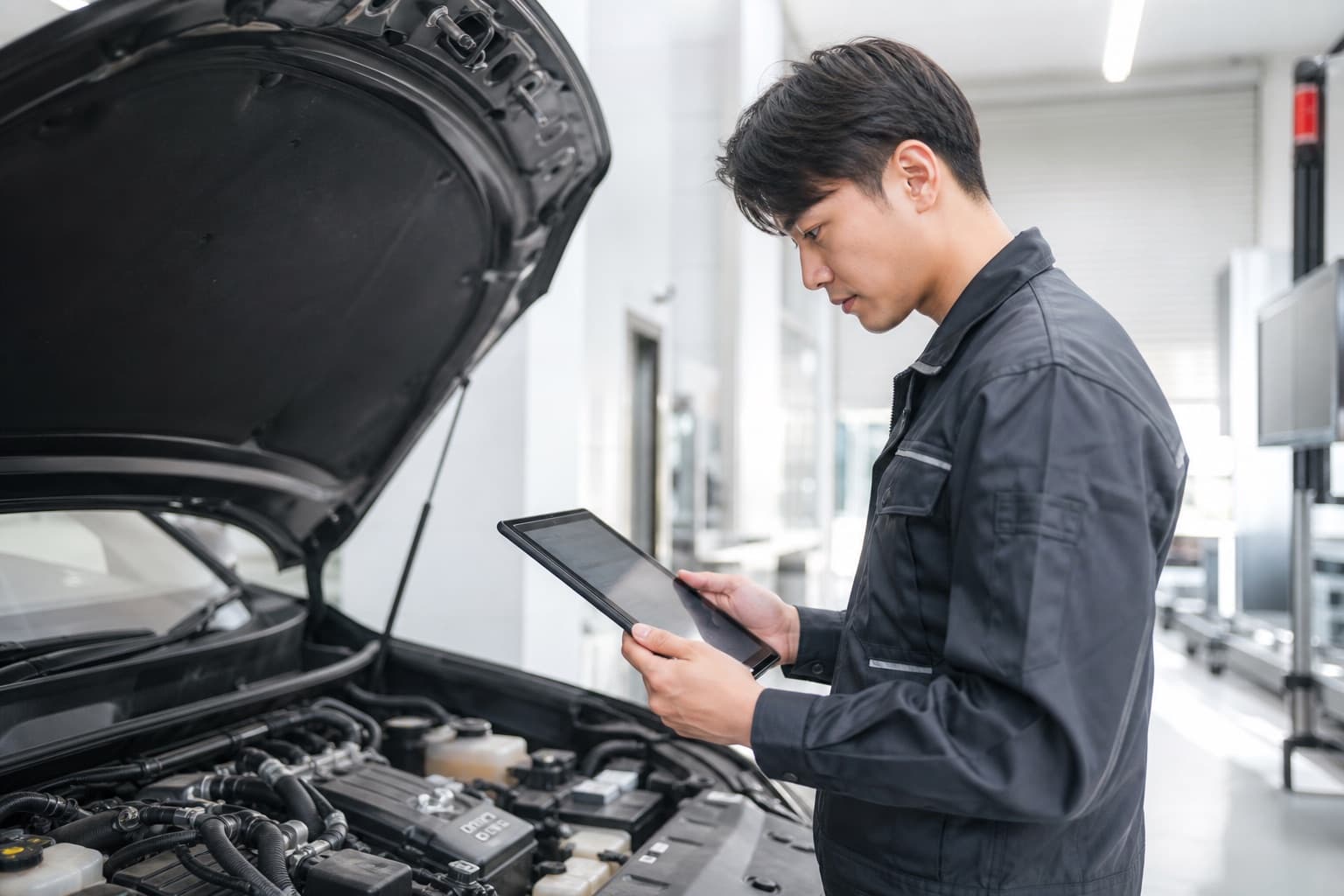 整備工場でタブレットを持って点検する整備士